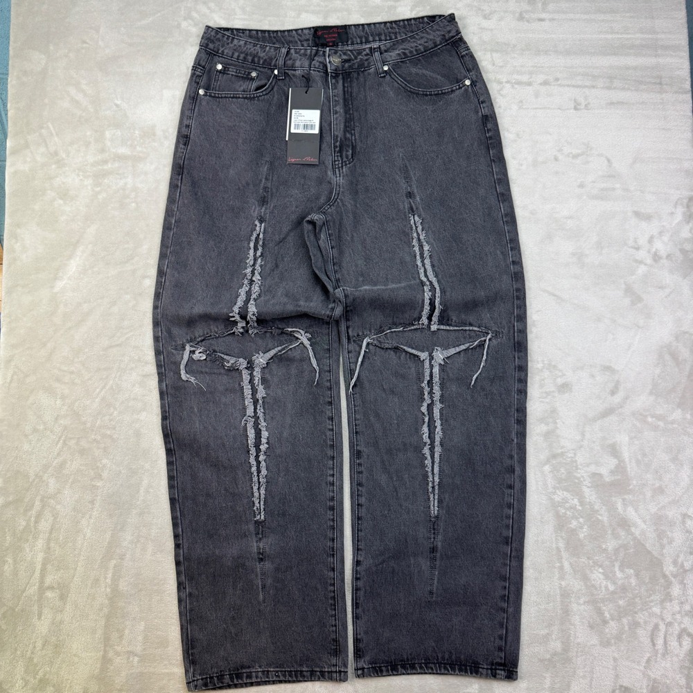 Liquor N Poker Rapture Wide Leg Baggy Jeans Mens 36‎ Cross Distressed Rip Repair